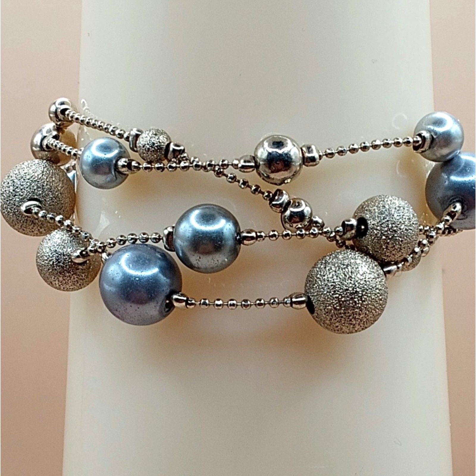 Vintage Triple Strand Silver And Gold Tone Metallic Beaded Bracelet